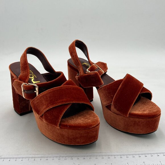 FSJ Brown Peep Toe Chunky High Heels Platform Sandals Ankle Strap Velvet Shoes - Picture 4 of 8